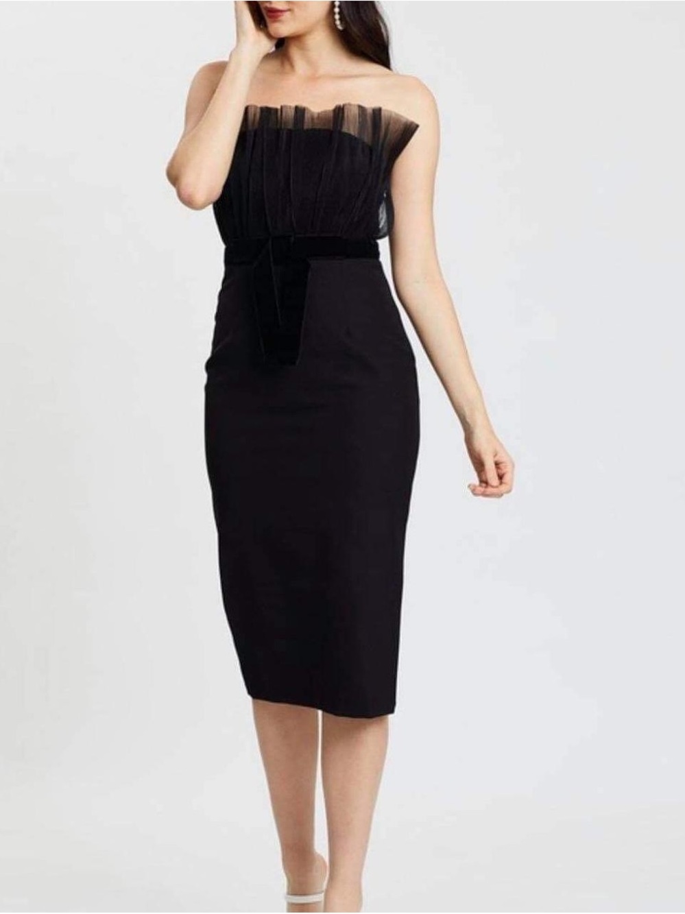 Strapless Black Sheath Dress with Tulle Bodice and Velvet Waist